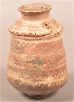 Unusual Pottery Vessel w/ White Designs ona Red Ba