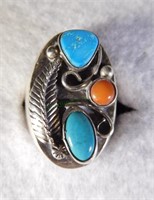 Sterling Silver Turquoise and Coral Ring