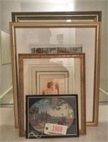 (4) framed prints: Floral, Café scene, portrait,
