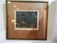 Framed and signed lithograph of barn and cross