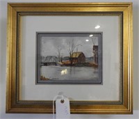Framed watercolor of river and bridge signed