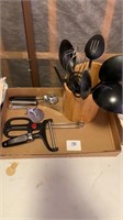 A box lot of kitchen utensils pizza cutter cheese