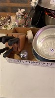 A box lot of dishes knives salt and pepper