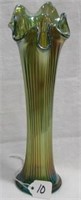 Fenton 9 1/2" aqua Fine Rib vase-Buffed chip on