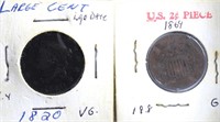 1820 Large Cent & 1864 2 Cent Piece