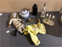DOLL, BOTTLES AND MISC