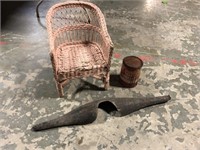 WICKER CHILDS CHAIR, OIL CAN AND WOODEN AXLE?