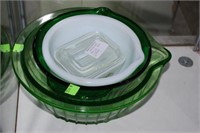 2 Green Mixing Bowls, Refrigerator Dish, & Milk Gl