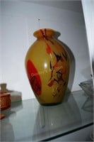 13" Art Glass Vase In Green Amber & Fall Hues