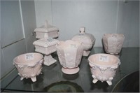 3 Pink Custard Glass Pcs: Pedestal Bowls, & Oval C