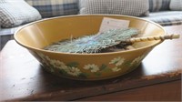 15" Round tole tray with peacock feather fan