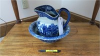 Blue and white pitcher and bowl