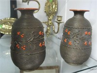 Pair Of Pottery Vases Spun Texture With Enamel Acc