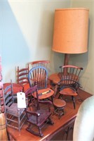 Lot, assorted doll furniture and pine lamp