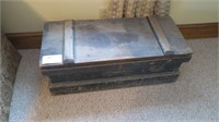 36" Wooden trunk with coverlets and blankets