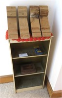 Lot, 19" bookshelf, 4 shelf braces and walnut box