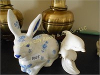 Porcelain bunny and dolphin, 2 total pieces