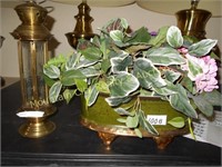 Porcelain dish garden and brass candle holder