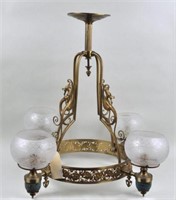 Brass, Cloisonne & Glass Chandelier