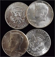 4 BU Silver 1964 Kennedy Half Dollars