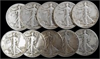 10 Silver Walking Liberty Half Dollars