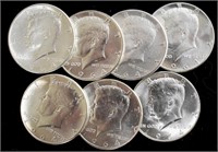 7 Unc. Silver 1964 Kennedy Half Dollars