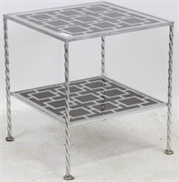 EGLOMISE TWO-TIER GLASS AND METAL SIDE TABLE