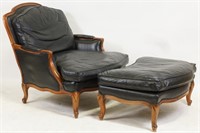 COUNTRY FRENCH STYLE LEATHER ARMCHAIR AND OTTOMAN