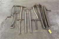 Vintage Hand Tools Including  Scythe, Pick Axes,