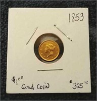 1853 Liberty $1.00 gold coin
