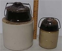 2  Stoneware jars with wire handles