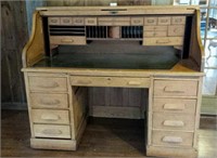 Oak Roll Top Desk with many cubby holes & drawers