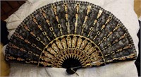 Folding fan, black lace, sequins & painted design