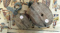 Wood Pulleys (2) 6" & 4" long, one with hooks