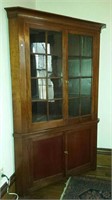 Walnut Antique Corner Cabinet, glass doors top