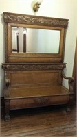 Oak Hall Tree Bench with Mirror, Antique