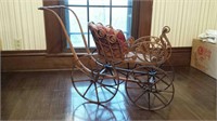 Antique Doll Baby Carriage, bent wood, wood wheels