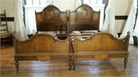 Twin beds (2), Antique, wood carved & burl veneer