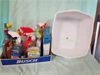 Box Lot Of Cleaners Etc. With Plastic Wash Bin.