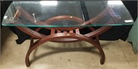Wooden Table With Thick Glass Top. 48" X 18" X 28