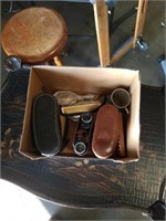 Box of binoculars and silver plated vanity set