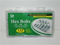 New 172 PC Hex Bolts Washers & Nuts in Case