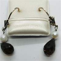 $100 S/Sil Smokey Quartz Pearl Earrings