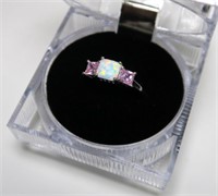 Sterling silver created opal ring with pink square