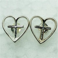 Sterling Silver Heart And Cross Shaped Earrings