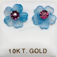 10K Yellow Gold Garnet  Chalcedony Flower Earrings
