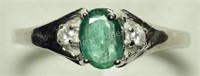 10K White Gold Emerald and 2 Diamond Ring
