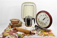 Linen, Ricer, Rolling Bin, Pyrex Bake Ware & Clock