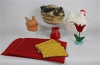 Pottery & Ceramic Hens on Nest & Cotton Placemats