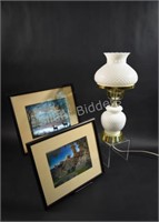 Hobnail Milk Glass Table Lamp & Foil Artwork